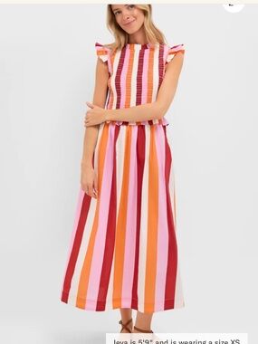Tuckernuck HYACINTH HOUSE Orange Pink Crimson Stripe Smocked Sully Dress L NEW